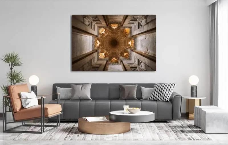 Fotokunst-natanz-van-ali-nejatbakhsh Woonkamer met fotokunst 'Natanz' op aluminium aan de muur
